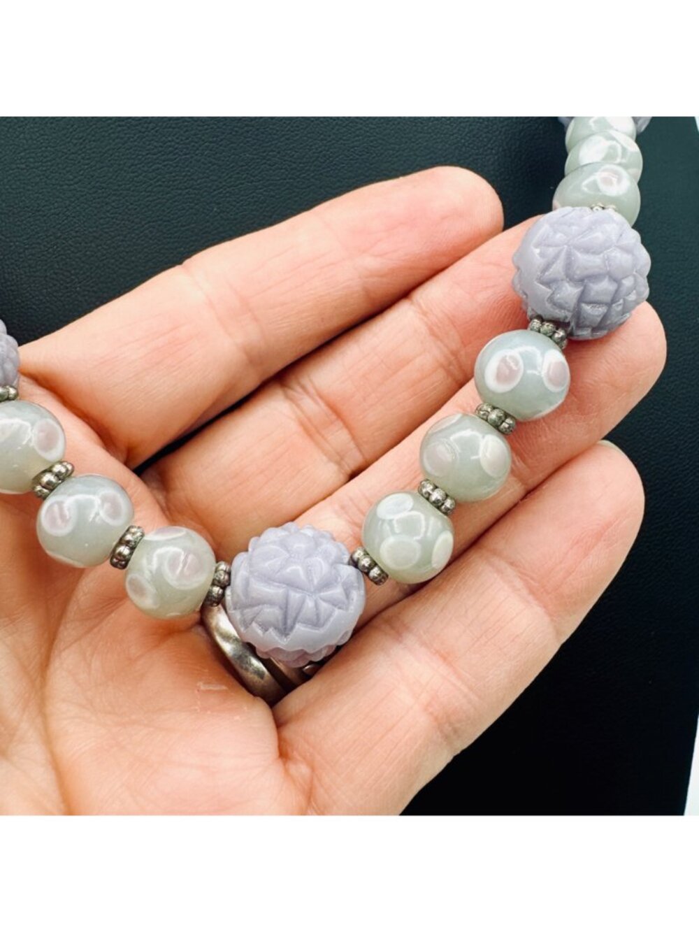 Lavender Lilac Glass Bead Necklace Handmade Pastel Silver Tone 20" Cottagecore - Picture 4 of 6
